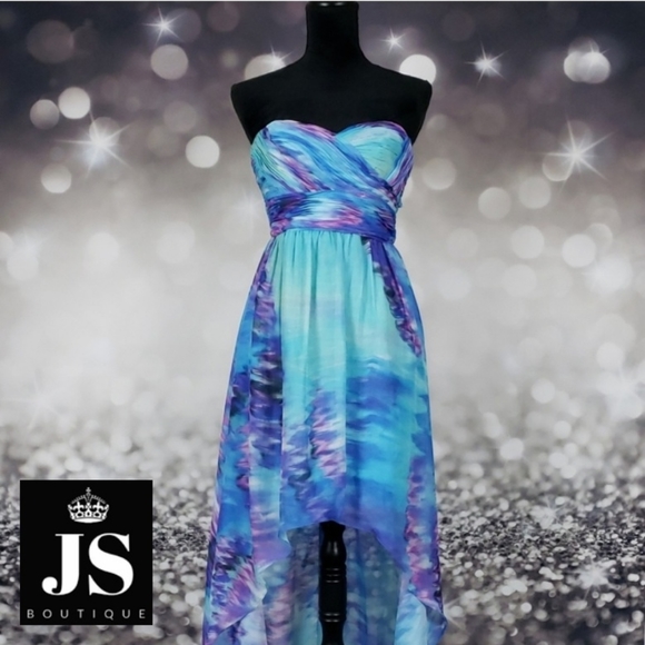 JS Boutique Watercolor High Low Strapless Dress